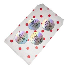 CuteBox Company 100pcs 6" x 9" Red Polka Dot on White Flat Paper Gift Bags with 100pcs 1.5" Silver Prism Thank You Stickers for Retail, Packaging, Party Favors, Birthdays, Weddings