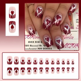 Valentine’s Press on Nails Short Square Fake Nails with Heart Wine Red French Tips Design Polka Dot Glossy Full Cover Stick on Nails Acrylic Valentines Heart Artificial Nails for Women Girls 24Pcs