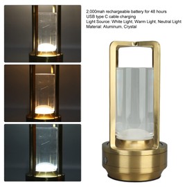 Semme Cordless Table Lamp, 3 Colours Dimmable Crystal LED Table Lamp, Bedside Lamp for Bedroom, Living Room, Bathroom, Hotel, Bar (Gold)