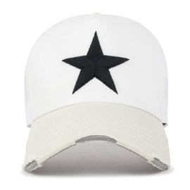 ililily Premium Star Embroidery Cotton Trucker Hat Distressed Baseball Cap, White Mesh, X-Large