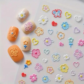 6 Sheets Flower Nail Stickers Decals 5D Embossed Cute Flower Nail Art Stickers Colorful Flower Heart Butterfly Nail Designs Self-Adhesive Floral Nail Decals Spring Nail Art Supplies DIY Manicure Decor