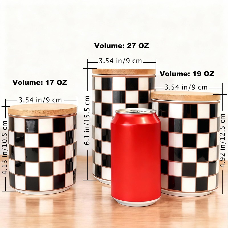 Small Checkered Kitchen Canister Set of 3 with Black Metal