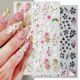2 Sheets Flower Nail Art Stickers Decals 3D Self-Adhesive Bow Flowers Nail Decals Pink White Rose Floral with Pearl Rhinestones Nails Design Stickers Black Hibiscus Floral Nails Decorations for Women