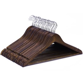 JS HANGER Wooden Coat Hangers, 20 Pack High Grade Wood Suit Hangers with Non Slip Pant Bar - Extra Smooth and Splinter Free Retro Finish