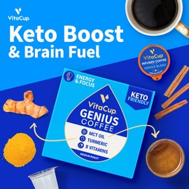 VitaCup Genius Keto Coffee Pods, Increase Energy & Focus with MCT Oil, Turmeric, B Vitamins, D3, Medium Dark Roast, Bold, Smooth, Recyclable Single Serve Pod Compatible with Keurig K-Cup Brewers,16 Ct
