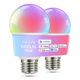 OREiN Matter Smart RGBTW Bulb, 1600 Lumens 100W Equivalent Smart Light Bulbs, Color Changing Light Bulbs Work with Apple Home, Alexa, Google Home, SmartThings, A21 Smart Bulbs 2.4Ghz WiFi, 2Pack