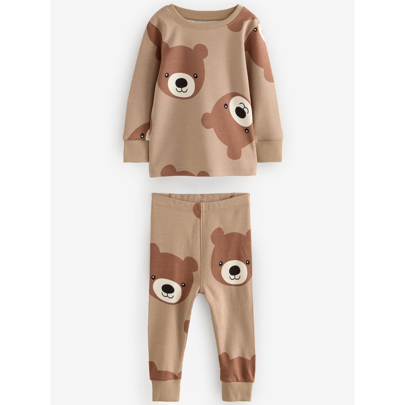 NEXT Snuggle 3 Pack 100% Cotton Pyjamas, Brown/Cream