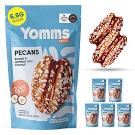 Yomms Coco Twist Pecans Halves – Low Sugar Healthy Dessert Snack | Sweet Coconut & Crunchy Pecan Snack | Lightly Sweetened, Honey Roasted Mixed Nuts | Great for Snacking, Salads - 3.5oz - Pack of 6
