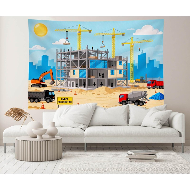 CHNYWORK 7x5ft Cartoon Construction Site Backdrop Building Materials and Equipment