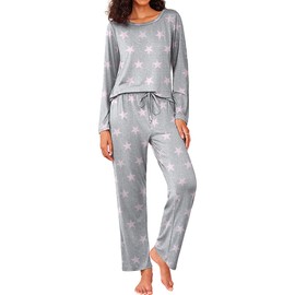 Ekouaer Womens Pajama Sets 2 Piece Pjs Sleepwear Soft Comfy Loungewear Long Sleeve Pullover Top and Pants Pink Star S