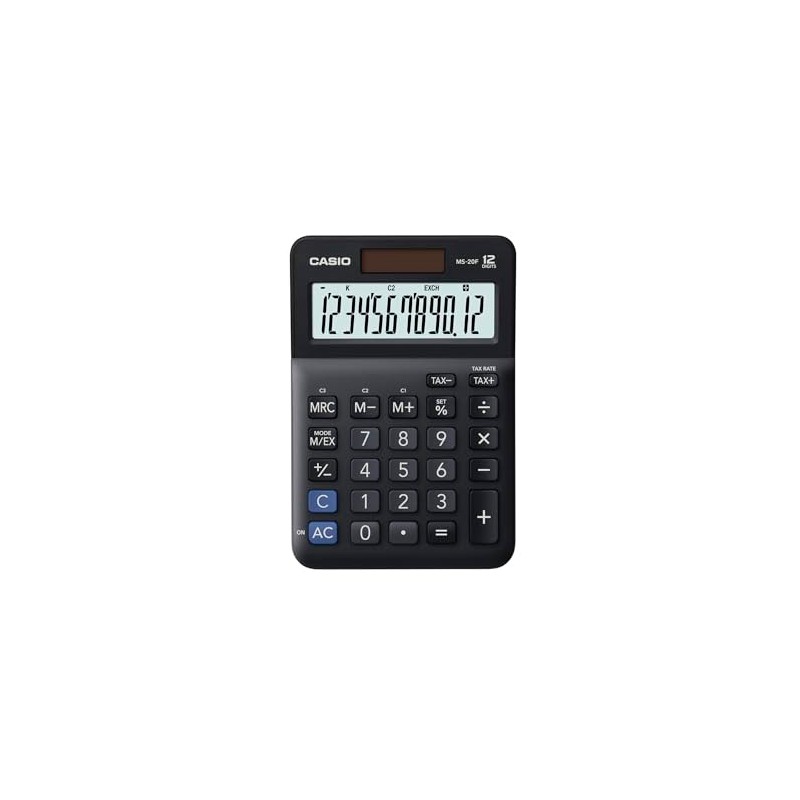 Casio Tischrechner MS-20F, 12-stellig, Steuerberechnung, Währungsumrechnung, Vorzeichenwechsel, Solar/Batteriebetrieb