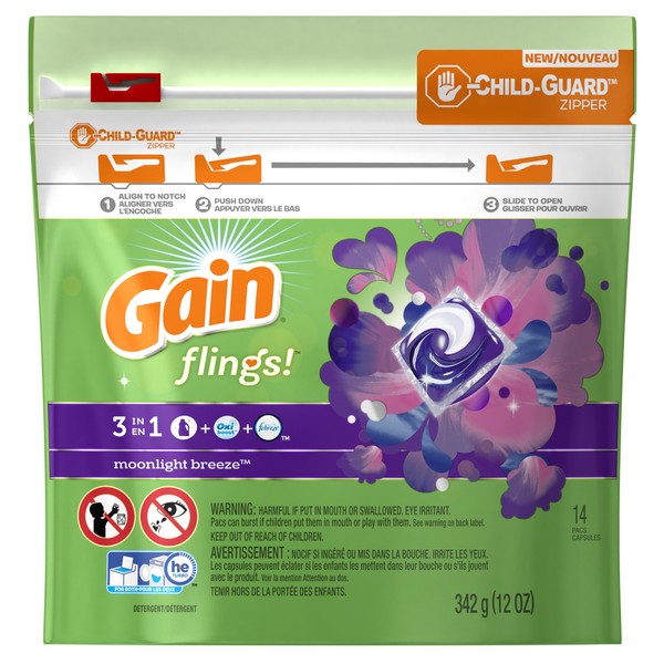 Gain Flings - Detergente para ropa, aroma a brisa de luna, 14 unidades, el embalaje puede variar