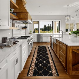 CreativeDeco Custom Made Runner Rug Low Pile with Rubber Backing for Kitchen Foyer Hallway Entry Choose Your Length Size 26 Inch Wide Fleur De Lis French Design Black Color (25 feet x 26 inch)