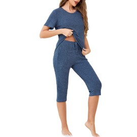 Wikoan Capri Pyjamas Set for Women, Ribbed Summer Cropped Pj's Set Tops and Capri Pants 2 Piece Outfits Loungewear with Pockets Drawstring Dark Blue,M