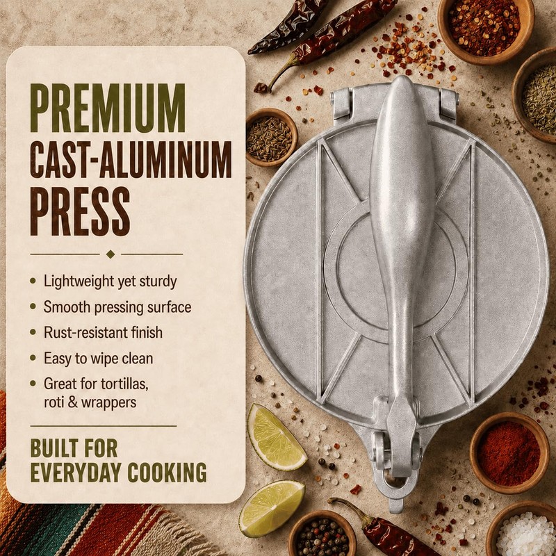 Kundita 8-Inch Cast Aluminum Tortilla Press, Silver Commercial-Grade Tortilla Maker