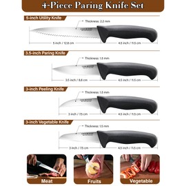 Cook N Home Paring Knife Set 4-Piece, High Carbon Stainless Steel Kitchen Knives, Includes-Utility, Paring, Vegetable, Peeling Knife, Ergonomic Handle, Black