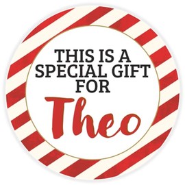 This is a Gift for Theo - Circle Sticker Decal 3 Inch - Candy Cane Merry Christmas Gift Tag Present Tree Holiday Custom Name Santa Claus