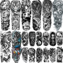 20 Sheets Large Tiger Full Arm Temporary Tattoos For Women, 8 Sheets Full Sleeve Tattoos For Men Tiger Lion Eagle Owl Compass Flower, 12 Sheets Half Arm Tattoo For Adults Ship Skull