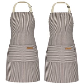 NLUS 2 Pack Cooking Aprons for Women with Pockets, Adjustable Kitchen Bib Aprons Chef Aprons for Women Men(Brown Pinstripes)
