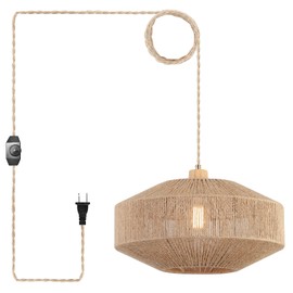 Coastal Large Woven Plug in Pendant Light with 14ft Handmade Woven Light Cord, Dimmable Switch, Natural Hemp Rope Hanging Lamp for Kitchen Island Farmhouse Dining Room Living Room,17.8 inch Width