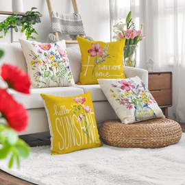 WOKANI Spring Outdoor Throw Pillow Covers 18x18 Set of 4 Garden Flowers Farmhouse Patio Decorative Cushion Covers Home Decor Couch for Sofa Bedroom Livingroom