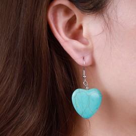 Aneneiceera Boho Turquoise Heart Drop Earrings Long Tassel Heart Dangle Earrings Vintage Western Ethnic Turquoise Stone Hook Earrings Statement Big Love Heart Earrings Jewelry for Women and Girls