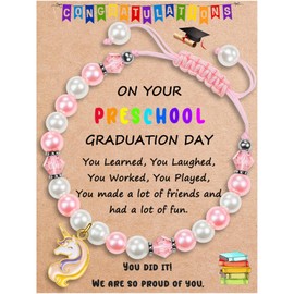 Sereney Preschool Graduation Gifts, Pink Pearl and Unicorn Graduation Bracelet as Pre K Graduation Gifts for Kids, Adjustable Length Bracelet for Daughter Granddaughter Niece
