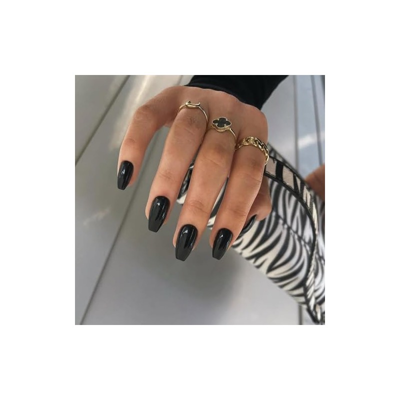 Uñas Postizas Negras de Presión, Tamaño Mediano, Forma de Ataúd,
