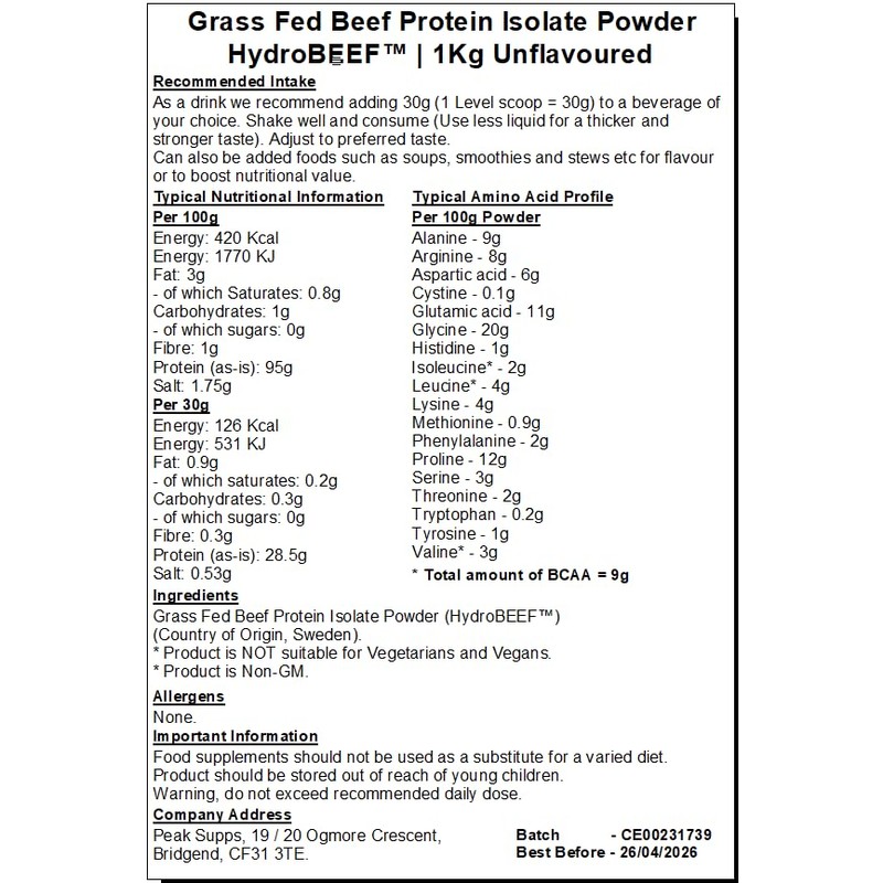 Grass Fed Beef Protein Isolate 95% - HydroBEEF™ - 1kg