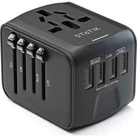 STATIK GloboCharge 12W Universal Travel Adapter Worldwide - International Power Adapter Plug Europe, UK, USA, Australia Slide Outlets, Universal Power Adapter Travel 200 Countries, 4 USB-A Ports