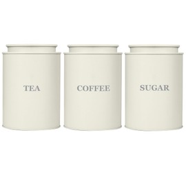 Bayseun Tea Coffee Sugar Canisters, Set of 3 Tea Coffee and Sugar Canisters for Home, Easy Open & Airtight Lids, Decorative Food Caddy, Kitchen Storage Jars, Decorative Stainless Tins, Cream