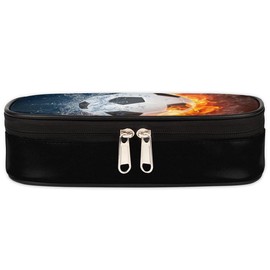 3D Football Leather Pencil Case Pen Holder Sports Large Capacity Black Stationery Storage Pencil Bag with Zipper for Boys Girls Soccer Ball in Ice Fire Pencil Pouch Box for School College Office