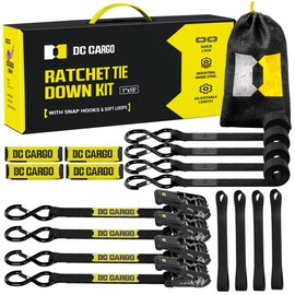 Motorcycle Tie Down Strap Kit, Includes (4) 1" x 15' Ratchet Straps with (4) Soft Loops, Coated S Hooks & Padded Handles | 1,800 Pound Break Strength