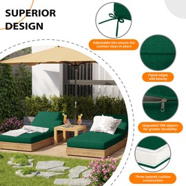 Sundale Outdoor Olefin Chaise Lounge Cushion, Water-Resistant Patio Lounge Chair Cushion, Thick Lounger Pad with 8 Straps Dark Green, 80 x 26 x 6 Inches
