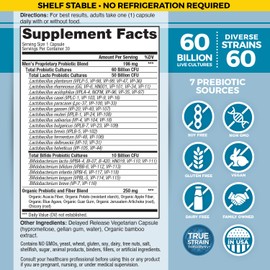 Vital Planet - Vital Flora Probiotics for Men, 60 Billion CFU, 60 Diverse Strains, 7 Organic Prebiotics, Men’s Daily Shelf Stable Probiotic for Immune Support, Gas Relief, Digestive Health 30 Capsules