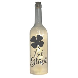 WB wohn trends LED Bottle with Motif, Good Luck Clover, Grey, 29 cm, Light Bottle Lamp with Text Saying