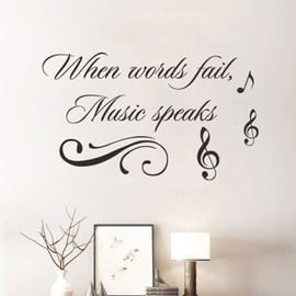 Music Wall Decals Decor Inspirational Quotes When Words Fail, Music Speaks Vinyl Wall Art Stickers Mural for Music Room Living Room Bedroom Decoration