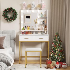 Lifewit Vanity with Mirror and Lights, Adjustable Color/Brightness, White Makeup Desk with 2 Drawers and Stool for Bedroom, Bathroom, Makeup Room