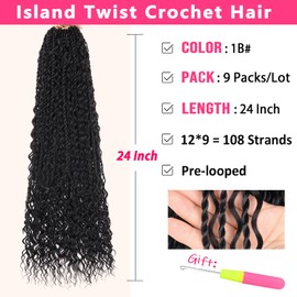 RuiYok 9 Packs 24 Inch Senegalese Twist Crochet Hair with Curls Pre-Looped Boho Island Twist Crochet Braids with Curly Ends Pre-Twisted Goddess Senegalese Twist for Women Braiding Hair Extensions 1B#