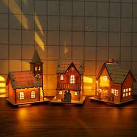 Wooden LED Christmas House Illuminated Wooden House: 3 Pieces Christmas Village Houses Winter Village Christmas Town with Lighting Christmas Table Decoration Miniature House Xmas Decoration Object