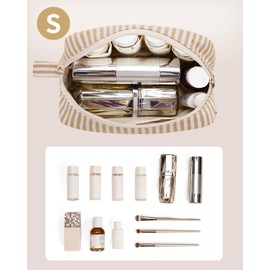 Narwey Cute Stripe Small Makeup Bag for Purse Make Up Bags Women with Comparments Travel Mini Cosmetic Bag Organizer Zipper Pouch for Teen Girls (Brown Stripe, Small)