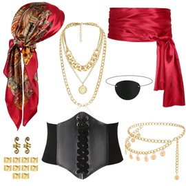 Vermeyen 8 Pcs Pirate Costume Accessories for Women with Head Scarf Wrap Pirate Corset Eye Patch Necklace Sash Chain Belt