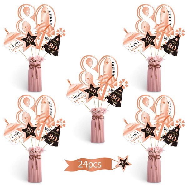 Rose Gold 80th Birthday Party Decoration Set Golden 80th Birthday Party Centerpiece Sticks Glitter Table Toppers for Women 80 Years Party Decorations Supplies, 24 Pieces
