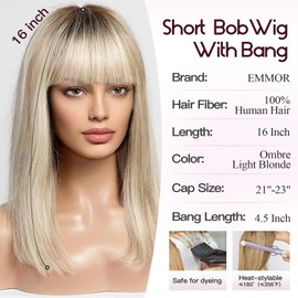 EMMOR Human Hair Wig for Women 100% Human Hair Bob Wig with Bangs Shoulder Length Wigs-Natural Appearance(Ombre Light Blonde)