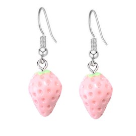 Pink Strawberry Dangle Earrings, Silver Hook, Fruit Design