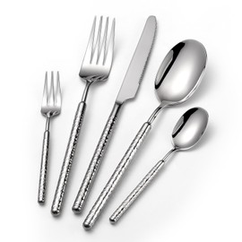 HODOQIAM 10-Piece Silverware Set, Stainless Steel Flatware Set for 2, Modern Hammered Utensil Tableware Set Include Dinner Knife/Fork/Spoon, Mirror Finish, Dishwasher Safe (10, silver)