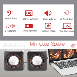 Mini Speaker Desktop Mini Cube USB Stereo 3.5mm Jack Wired Speaker for Desktop Laptop PC Computer, Compact and Lightweight Enjoy Music Without Headphones or Large Wires(Two Channel)