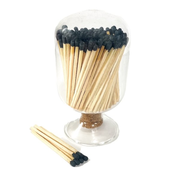 Includes Matches! | Decorative Glass Matches Cloche | Bottle Jar Fireplace Candle Match Holder Gift Set (Black)