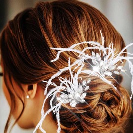 Latious Feather Wedding Hair Pins Silver Crystal 1920s Hair Clips Fascinator Hair Accessories for Women (Pack of 2) (Silver)