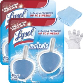 2-Pack Automatic 'Atlantic Fresh' Toilet Cleaner, 4 Blocks Total + BONUS: (1) Disposable Glove and (1) Microfiber Cleaning Cloth (Color May Vary)